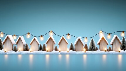 Poster - Abstract Christmas Illustration with Cozy Houses and Winter Landscape Under Twinkling Lights
