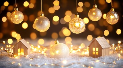 Poster - Abstract Christmas Winter Illustration with Glowing Ornaments and Miniature Wooden Houses on Snowy Background