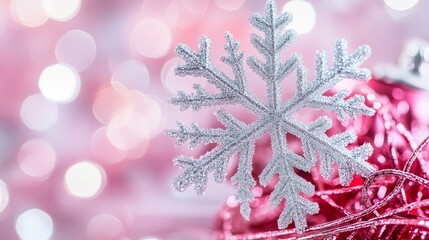 Poster - Sparkling Snowflake with Pink Christmas Background and Shiny Ornaments for Festive Holiday Decor