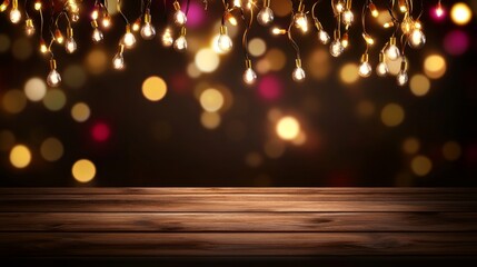 Poster - Festive Christmas Lights Hanging in the Air Over a Wooden Table with Colorful Bokeh Background