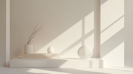 Poster - Minimalist interior with geometric shapes and natural elements in soft lighting.