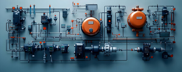 Poster - Industrial piping and equipment system on a wall, showcasing components for fluid management.