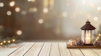Poster - Cozy Christmas Scene with Lantern, Gifts, and Wood Background for Holiday Celebrations and Decor Inspiration