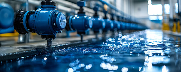 Poster - Industrial water treatment facility with blue pipes and flowing water.