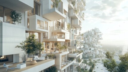 Poster - Modern architectural design featuring greenery and terraces in a futuristic urban setting.