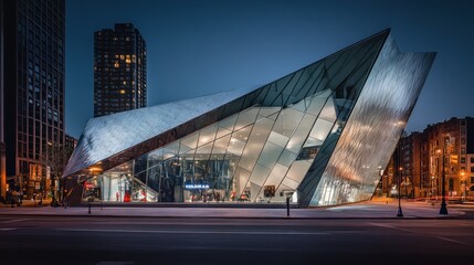 Aufkleber - Modern architectural structure with sharp angles and glass facade, illuminated at night.