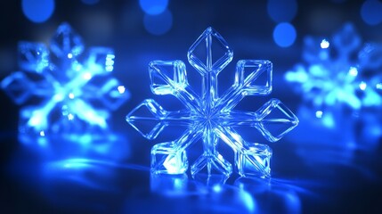 Poster - Radiant 3D Illustration of Flurry of Snowflakes with a Blue Glow and Sparkling Lights