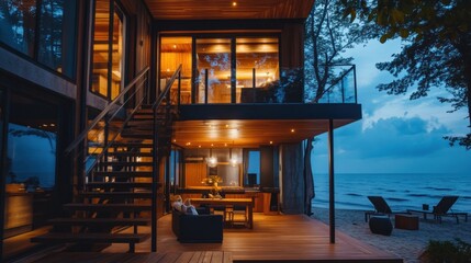 Aufkleber - Modern beach house at dusk with wooden design and outdoor seating.