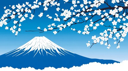 Poster - Stunning Illustration of Mount Fuji Surrounded by Beautiful Cherry Blossom Trees Against a Clear Blue Sky