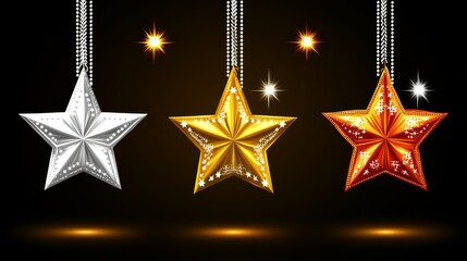 Poster - Bright and Decorative Stars Hanging Against a Dark Background with Sparkling Elements in a Cosmic Theme