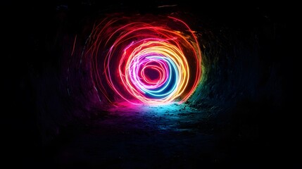 Poster - Colorful light spiral in a dark tunnel abstract art digital photography nighttime artistic concept