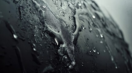 Poster - Icy Pattern on Glass Surface Captured in a Dark Space with Water Drops and Textures