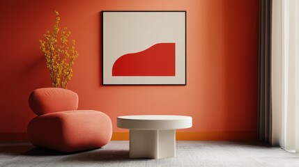 Poster - Modern interior featuring an orange wall, abstract art, and minimalist furniture.