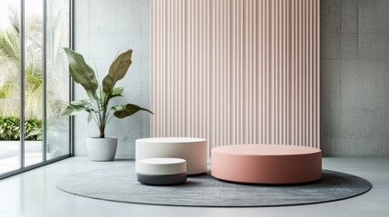 Aufkleber - Modern interior featuring round seating and a plant in a minimalist space.