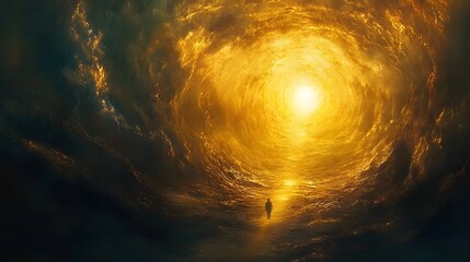 Poster - Walking towards the radiant light surreal landscape digital art dreamlike environment atmospheric viewpoint