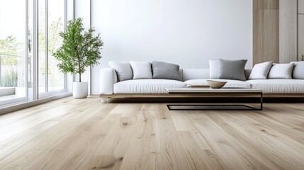 Poster - Modern living room with a cozy sofa, coffee table, and large windows.