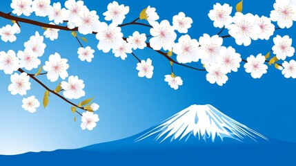 Poster - Scenic Illustration of Mount Fuji with Cherry Blossoms Against a Clear Blue Sky in a Beautiful Panorama