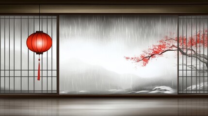 Poster - Illustration of a glowing red paper lantern in a serene interior with rain and red tree branches