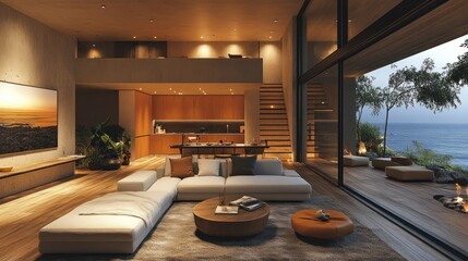 Poster - Modern living room with an open design, featuring natural light and a coastal view.