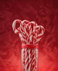 Wall Mural - Bright red and white striped candy canes on a red background with a slight sheen, treats, sweets