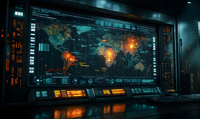 Poster - A high-tech control room displaying a world map with data visualizations and analytics.