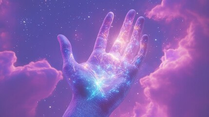 Ethereal hand glowing with a galaxy pattern amidst vibrant purple clouds and a starlit sky representing cosmic energy and spirituality concepts