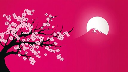 Poster - Vibrant Cherry Blossom Tree Against Pink Background with Mount Fuji and Rising Sun in Japan Illustration