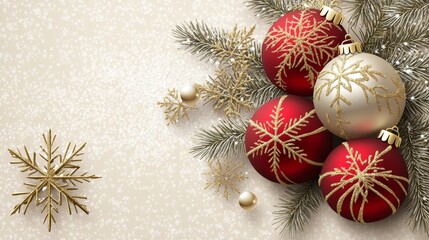 Poster - Illustrative Christmas Bokeh Background with Ornaments and Pine Branches for Seasonal Text and Design Use