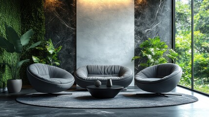 Aufkleber - Modern lounge area with stylish chairs and greenery, creating a relaxing ambiance.