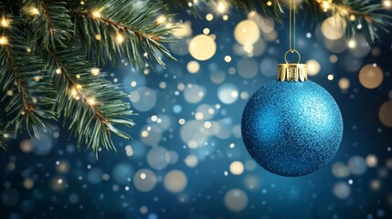 Poster - Festive Winter Background with Blue Ornament and Sparkling Bokeh Lights for Holiday Celebrations