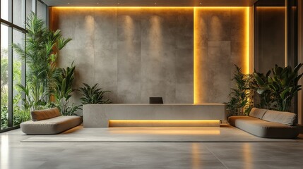 Poster - Modern reception area with plants and ambient lighting.