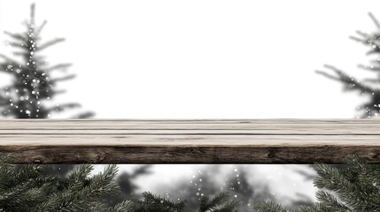 Poster - Rustic Wood Table Top Illustration with Blurred Background of Evergreen Trees and Snowfall for Cozy Settings