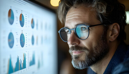 Poster - a focused individual analyzing data on a computer screen filled with graphs and charts.
