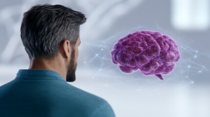 Poster - A man looks at a holographic purple brain, symbolizing advanced technology and cognitive science in a modern, futuristic environment.