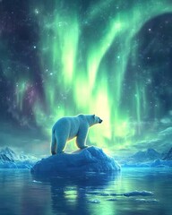 majestic polar bear standing on an iceberg under the breathtaking aurora borealis, a serene arctic l
