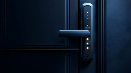 Poster - A close-up of a modern electronic door lock on a dark door surface.