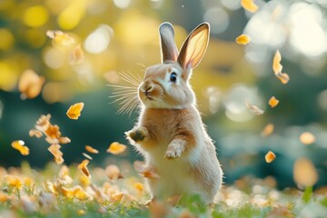 Wall Mural - A cute rabbit surrounded by falling autumn leaves in a serene outdoor setting.