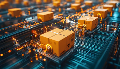 Poster - Automated system transporting packages on conveyor belts with glowing elements.