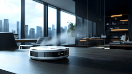 Aufkleber - A modern office setting featuring a sleek device emitting steam on a wooden table.