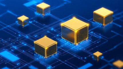 Poster - Golden Data Cubes on Futuristic Circuit Board