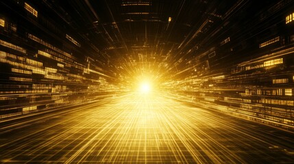 Poster - golden data stream a digital tunnel of light