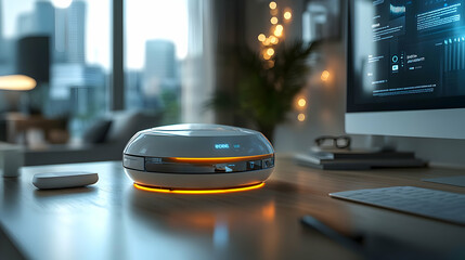 Aufkleber - A futuristic device on a desk in a modern workspace with city views.