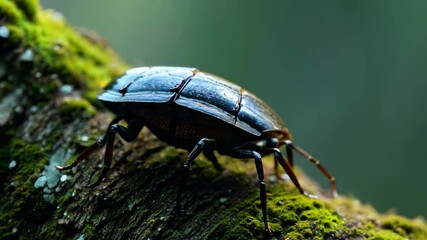 Poster - Close-up view of a beetle crawling on a mossy log in a forest setting during daylight
