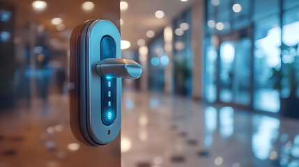 Poster - Modern door lock with illuminated indicators in a sleek hallway.
