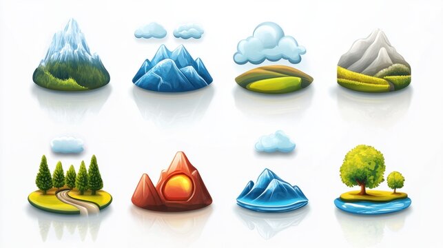 A vibrant set of glossy nature icons, including mountains, rivers, and clouds, rendered with shiny reflections, on white