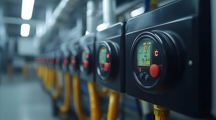 Poster - A close-up of digital meters in an industrial setting, monitoring system parameters.