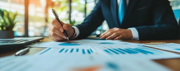 Poster - A business professional analyzing data with graphs and charts, showing focus and determination in a modern office setting.