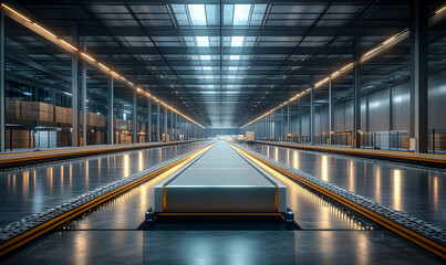 Poster - A spacious industrial warehouse with illuminated pathways and storage areas.