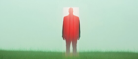 Fototapete - Silhouetted Figure in Virtual Matrix Over Green Field Digital Security and Futuristic Cityscape