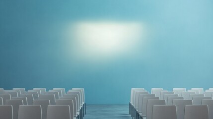 Poster - Minimalist Auditorium with Empty Chairs and Soft Projector Light in Surreal Setting